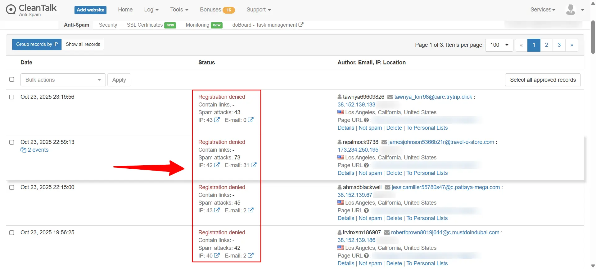 CleanTalk anti-spam plugin dashboard showing registration denials and spam attacks detected on a WordPress website.